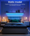 Bedroom with blue-hued 200ft Bluetooth RGB LED Strip Lights With App Control IR Remote Dope Music Sync above bed headboard