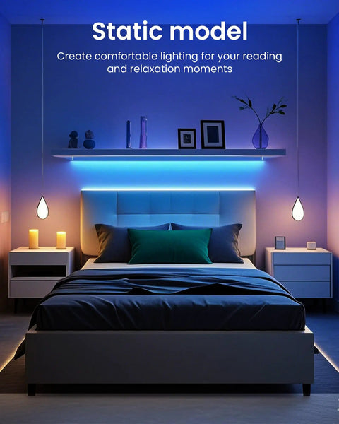 Bedroom with blue-hued 200ft Bluetooth RGB LED Strip Lights With App Control IR Remote Dope Music Sync above bed headboard