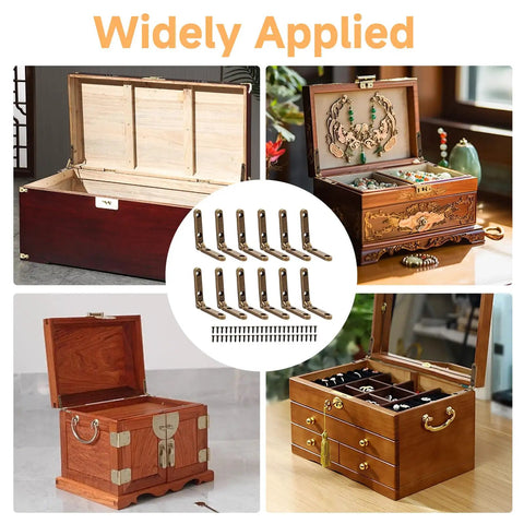 12 Pack Tiny Bronze Hinges For Small Wooden Jewelry Boxes With Screws 90 Degree Stop Lid Support shown in various setups