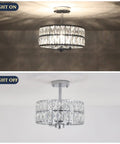 Crystal Semi Flush Mount Chandelier 12.6 Inch Round Drum Ceiling Light on and off view with chrome finish and crystal detailing.