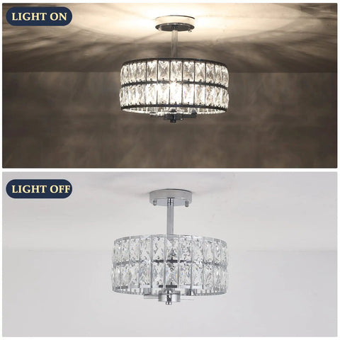Crystal Semi Flush Mount Chandelier 12.6 Inch Round Drum Ceiling Light on and off view with chrome finish and crystal detailing.