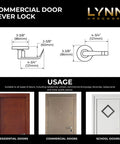 Privacy Bathroom Door Lock Lever Handle Set dimensions and usage illustration for commercial use in various door types.