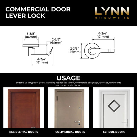 Privacy Bathroom Door Lock Lever Handle Set dimensions and usage illustration for commercial use in various door types.