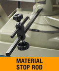 14 Inch Variable Speed Cold Saw With A Badass 3HP Direct Drive Motor close-up of material stop rod for precise cutting.