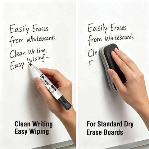 Writing and erasing on whiteboard with 40 Count Black Dry Erase Markers With Low Odor Ink And Chisel Tip For Classrooms And Offices