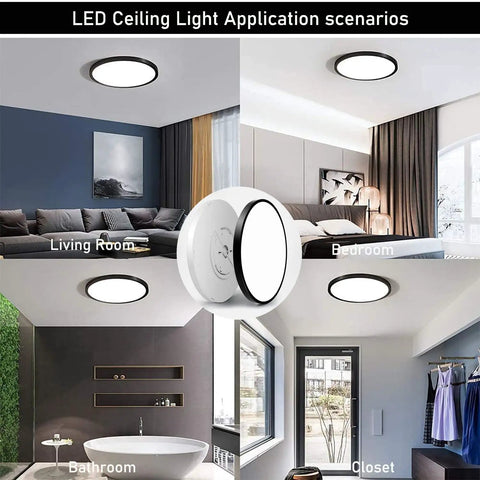 Six Pack 9 Inch LED Flush Mount Ceiling Lights 2880 Lumens Bright As Day 24W Day White 5000K 120V Slim Black Surface Mount Fixture For Kitchen Bedroom Living Room Any Room in different settings.