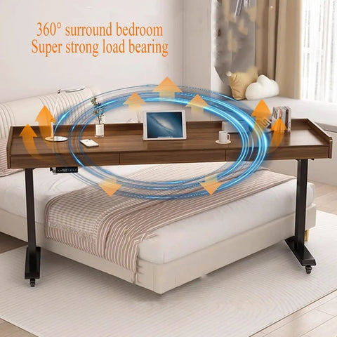 Cool Electric Lift Over Bed Table With Wheels Lets You Work From Home Or Hospital Using Solid Wood Top And Steel Frame for easy access over bed.