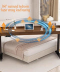 Stunning Electric Over Bed Table With Rolling Wheels And Adjustable Height positioned in a bedroom, shown with a laptop and coffee.