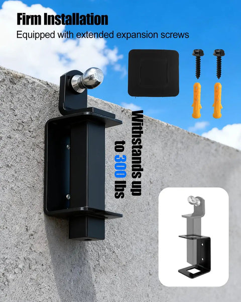 Heavy Duty 2 Inch Trailer Hitch Receiver Holder For Ball Mount Shanks And Tow Straps Locked Down With A Rock Solid Steel Build That Handles Over 150 Pounds Without Flinching, installed on wall.