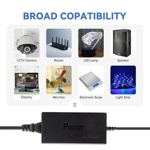 Universal DC Power Adapter With 8 Tips, Switchable 12V-19V/4.5A and 20V-24V/4A Output, 100-240V AC In, shown with compatible devices