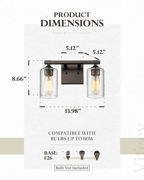 Farmhouse Style Dope Two Light Bathroom Vanity Lights Over Mirror With Clear Glass Shades In Oil Rubbed Bronze Wall Fixture with dimensions.