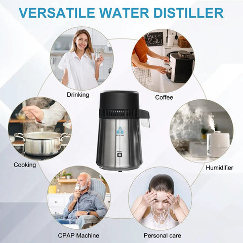 Versatile 1-gallon countertop water distiller in stainless steel for coffee, CPAP, and humidifiers