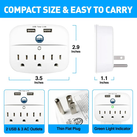 Cruise Ship Ready Must Have Power Strip With Two USB Ports, Non Surge Protector, Compact 120V Outfit For Shipboard Use
