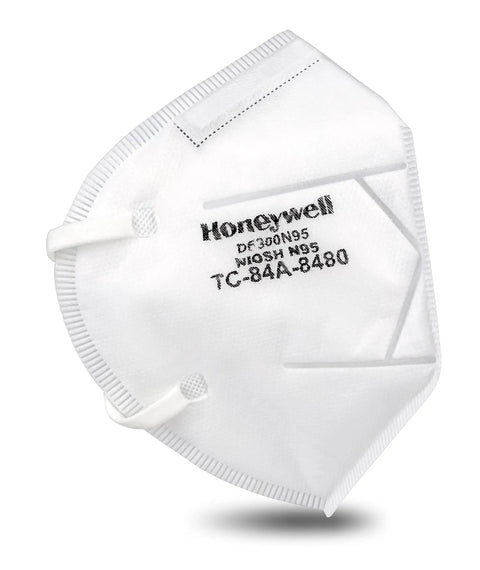 N95 Flatfold Respirator Mask, 20 Pack, NIOSH Approved, White, One Size Fits All, side view showing branding and nose clip.