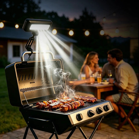 Rechargeable Grill Light For Outdoor Grills 400LM LED illuminating BBQ at night with people dining in the background.