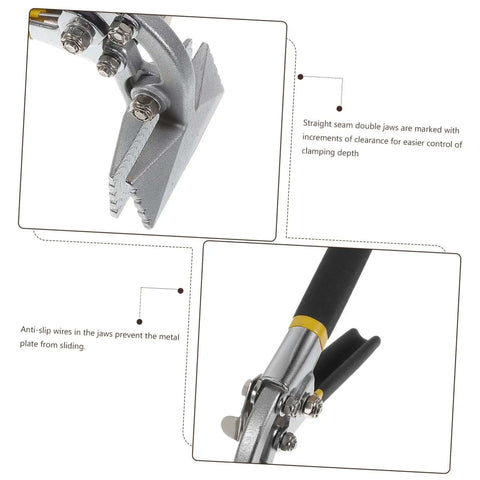 Close-up of a Manual Metal Bender With Straight Jaw Hand Seamer showing non-slip handle and marked jaws for DIY HVAC projects.