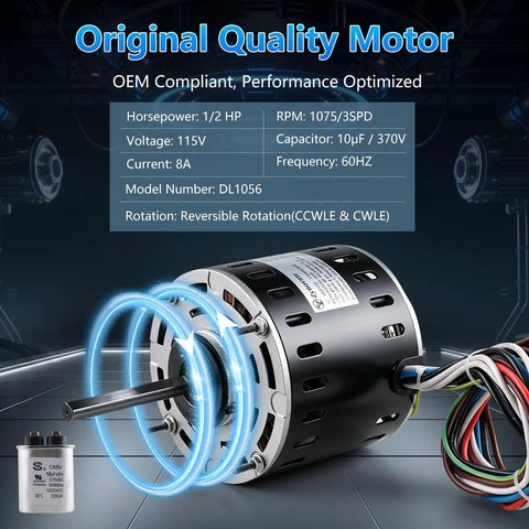 Upgraded One Half HP Blower Fan Motor Direct Drive 115V Three Speed 1075 RPM 48 Frame Sleeve Bearing Quiet HVAC Furnace Motor