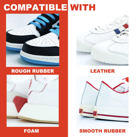 Make Your Kicks White Again With This Sneaker Whitener For Shoes That Works On Canvas Leather Foam And Rubber 2.53 Fluid Ounces With Wide Sponge Applicator For Quick Easy Coverage And Instant Yellowing Removal on rough rubber, leather, foam, smooth rubber sneakers