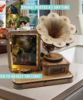 Vintage Gramophone 3D Puzzle Kit With Wooden Model DIY Music Box And Acrylic Photo Frame shown in kitchen setting