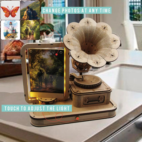 Vintage Gramophone 3D Puzzle Kit With Wooden Model DIY Music Box And Acrylic Photo Frame shown in kitchen setting