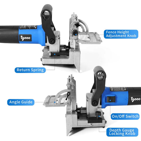Dual Spindle Doweling Jointer Heavy Duty Workhorse With Precision Rack And Pinion For Dead On Accuracy Variable Depth Up To 38mm showing return spring and angle guide details.