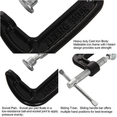Close-up of a heavy-duty 14 Pack 2 Inch C Clamps, malleable iron, black finish, with sliding bar, showing grip features for woodworking.