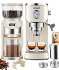 Top Shelf 20 Bar Espresso Machine With Built In Conical Burr Anti Static Grinder For Rich Crema And Powerful Milk Frothing System For Real Deal Home Barista Setup, showing espresso extraction and grinder.