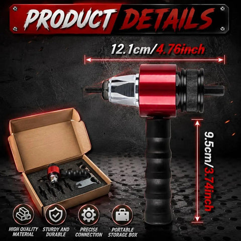 Rivet Nut Setter Kit For Cordless Drill M3 To M8 showing size 12.1cm x 9.5cm, includes box and accessories.