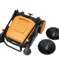 Industrial Push Broom Walker With Dual Steel Handles And Roomy Hopper slays leaves and debris on concrete driveways, features removable brush heads.