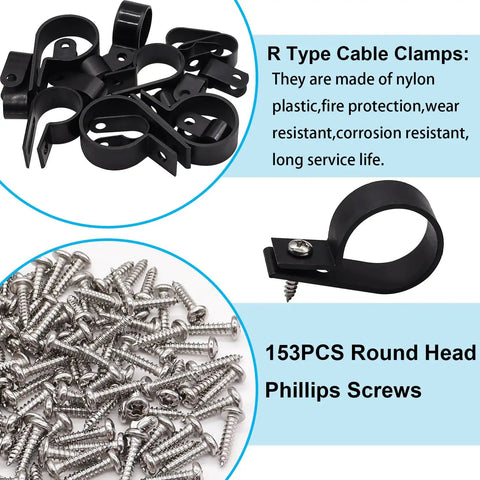 306-Piece Black Nylon R-Type Cable Clamps Kit With Screws For Easy Wire Management, showing clamps and screws display