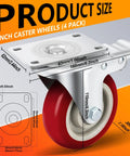 Four Inch Caster Wheels Set Of Four Beefy Heavy Duty Swivel Casters With Dual Locking Brakes Silent Polyurethane Wheels size diagram