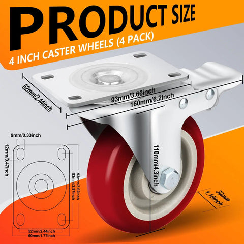 Four Inch Caster Wheels Set Of Four Beefy Heavy Duty Swivel Casters With Dual Locking Brakes Silent Polyurethane Wheels size diagram
