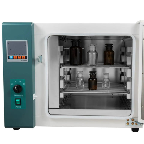 Interior view of the 12 Gallon Digital Convection Oven 1000W Industrial Lab Heat Treatment Drying Machine with glass and brown bottles.