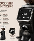 No Nonsense Electric Coffee Bean Grinder With Quick Timer Dial Crisp Led Display Silver Frame Spacious Hopper And Razor Sharp Burrs Making Fresh Grounds A Total Game Changer For Daily Grinds featuring touchscreen, one-touch dosing, and beans in hopper.