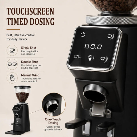 Slick Flat Burr Coffee Grinder Featuring Stainless Steel Blades And An Adjustable Portafilter For Espresso One Touch Automatic Operation Large 750 Gram Hopper Makes Grinding Easy Peasy For Daily Home Use with touchscreen interface.