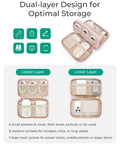 Electronics Organizer Travel Case For Cords Chargers Cables And Small Tech Gear Dual Layer Pouch with fluffy pink finish open to show storage pockets and devices.