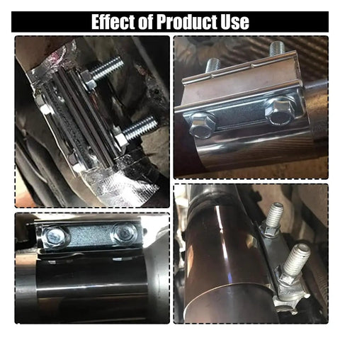 Four views of Two Pack 2.25 Inch Exhaust Clamp Kit Stainless Steel Butt Joint Band Sleeve Coupler in use on pipes and mufflers.