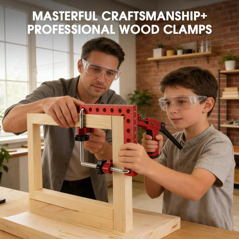 Father and son using Four Pack 5.5 Inch Aluminum Alloy Right Angle Corner Clamp Set for woodworking on a frame.