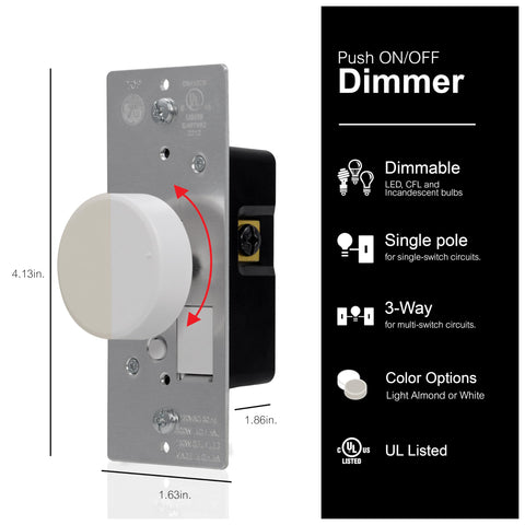 Three Way Rotating Dimmer Switch With Push On Off For Dimmable LED CFL And Incandescent Bulbs UL Listed White Or Light Almond Finish Includes Two Knob Colors For Easy Mood Lighting