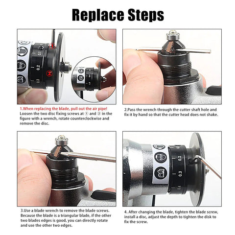 Step-by-step guide for replacing the blade on the Durable Mini Pneumatic Chamfering Tool in Light Aluminum Alloy.