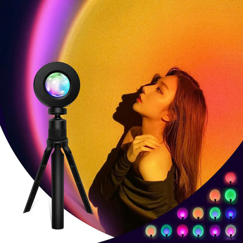 Sunset Lamp Projector With Remote 13 Color Multicolor Night Light casting vibrant glow on woman's silhouette in aesthetic photo