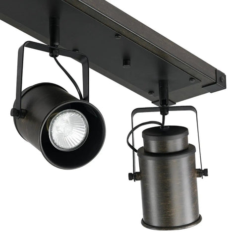 Close-up of Williamsburg 3-Light Track Lighting With Dark Wood Finish And Metal Accents, Rustic Industrial Style, Pivoting Heads