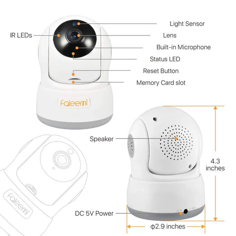 1080p WiFi Indoor Security Camera For Pet And Baby Monitor with labeled parts for easy setup and use