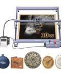 10W Pro Laser Engraver With Air Assist, Falcon Pro 10W CNC Laser Engraving Machine showing detailed engraving examples on various materials