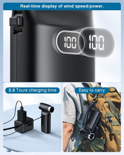 Cordless Air Duster With 60 MPH Wind Power displaying wind speed, charging setup, and portability features for easy use.