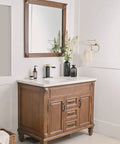 Bathroom with Matte Black Bathroom Faucet With Modern Waterfall Design, Single Hole Sink Faucet on wooden vanity.