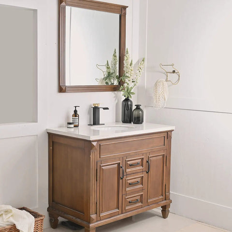 Bathroom with Matte Black Bathroom Faucet With Modern Waterfall Design, Single Hole Sink Faucet on wooden vanity.