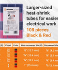 Marine Grade Heat Shrink Tubing Kit Large Size Assortment One Half Inch Five Eighths Inch Three Quarters Inch Dual Wall Adhesive Lined For Battery Cable Lugs And Wire Terminal Connectors Black And Red 108 Pieces with size chart