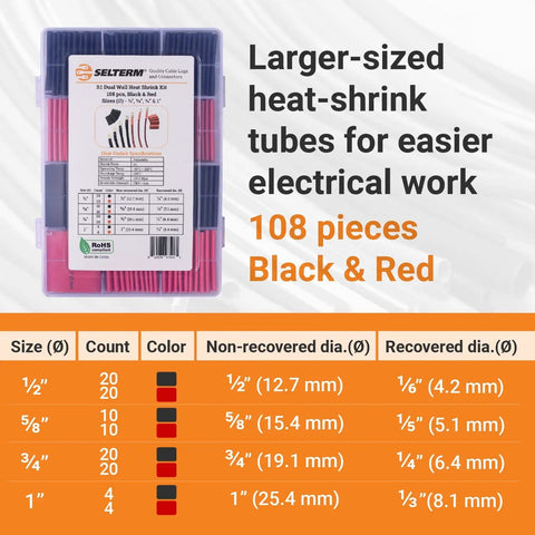 Marine Grade Heat Shrink Tubing Kit Large Size Assortment One Half Inch Five Eighths Inch Three Quarters Inch Dual Wall Adhesive Lined For Battery Cable Lugs And Wire Terminal Connectors Black And Red 108 Pieces with size chart