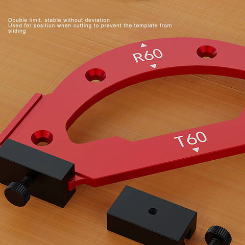 Top Shelf Aluminum Alloy Router Radius Jig Templates Built For Dead On Corner Cutting and Flawless Arc Routing on Woodwork Builds. R60 red template with clamps.